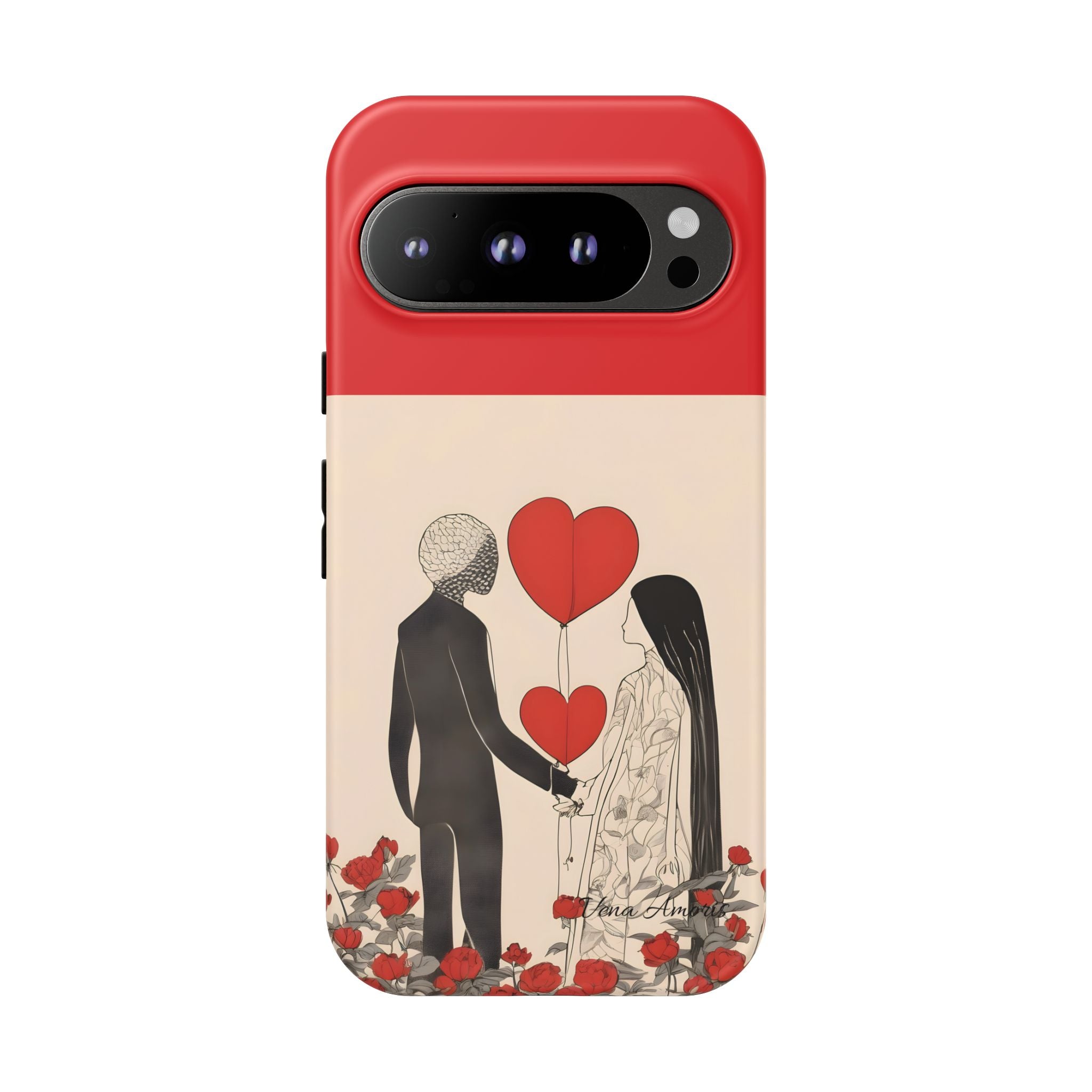 Vena Amoris romantic phone case with heart balloons and couple illustration