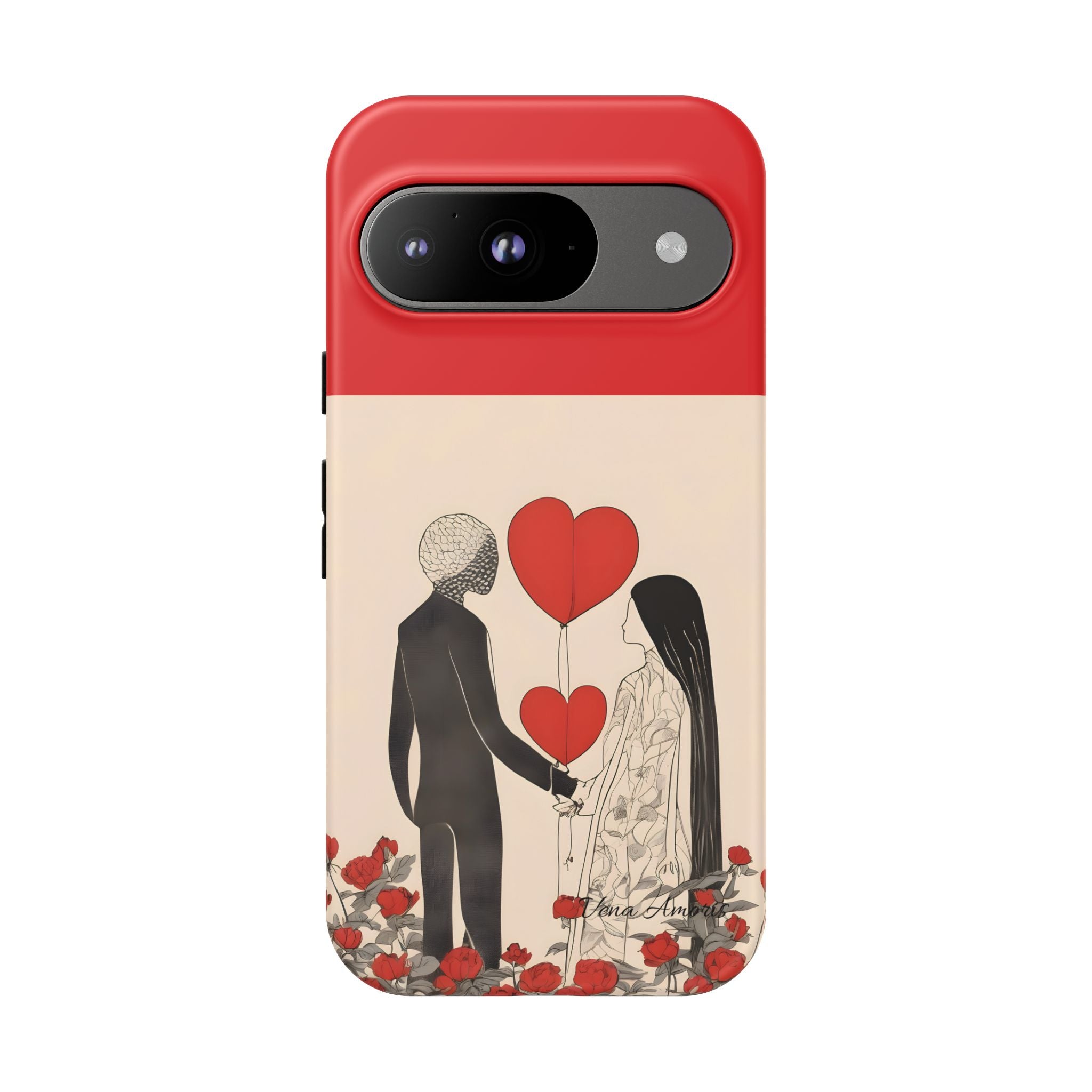 Vena Amoris romantic phone case with heart balloons and couple illustration