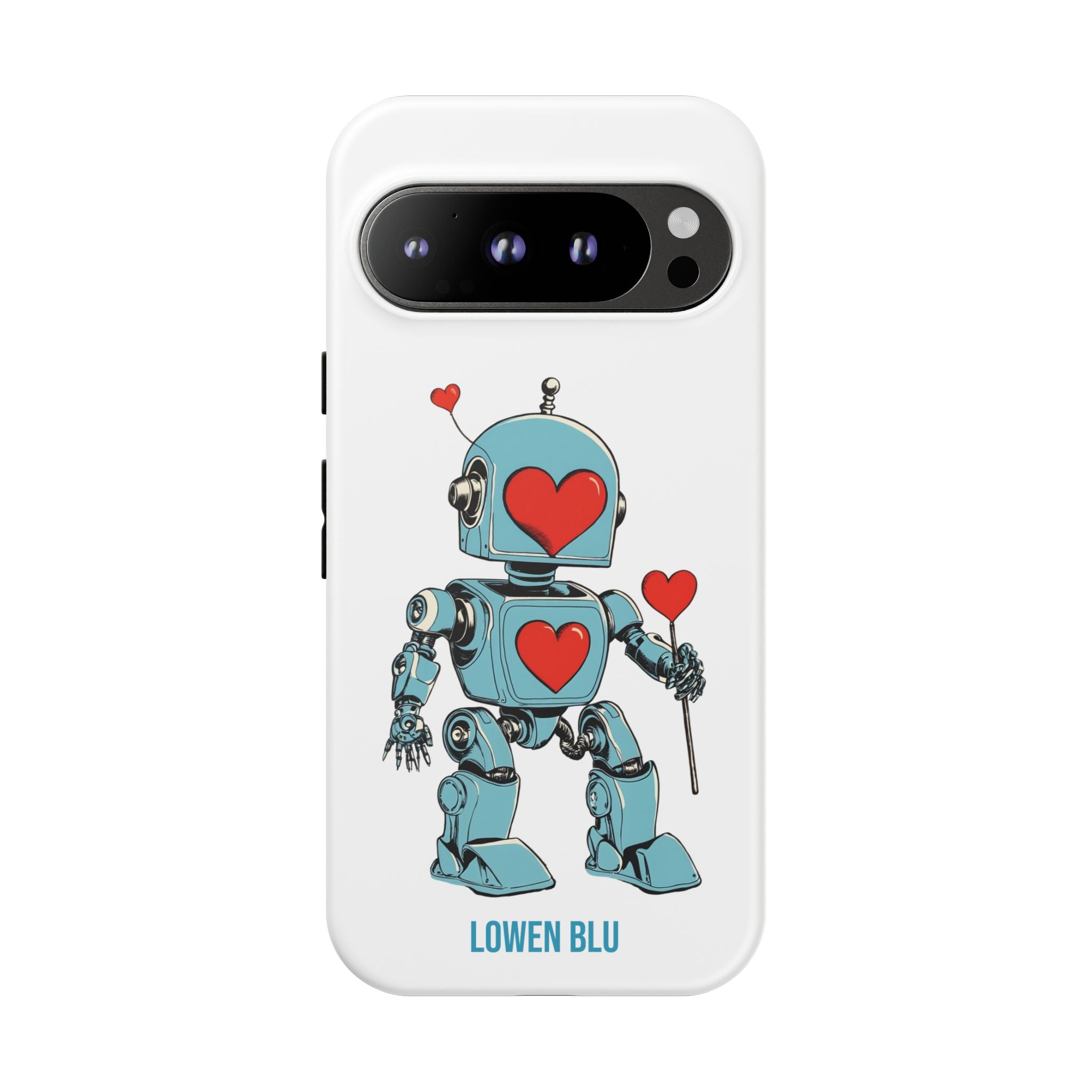 Lowen Blu robot Google Pixel phone case with red hearts illustration on matte white background.