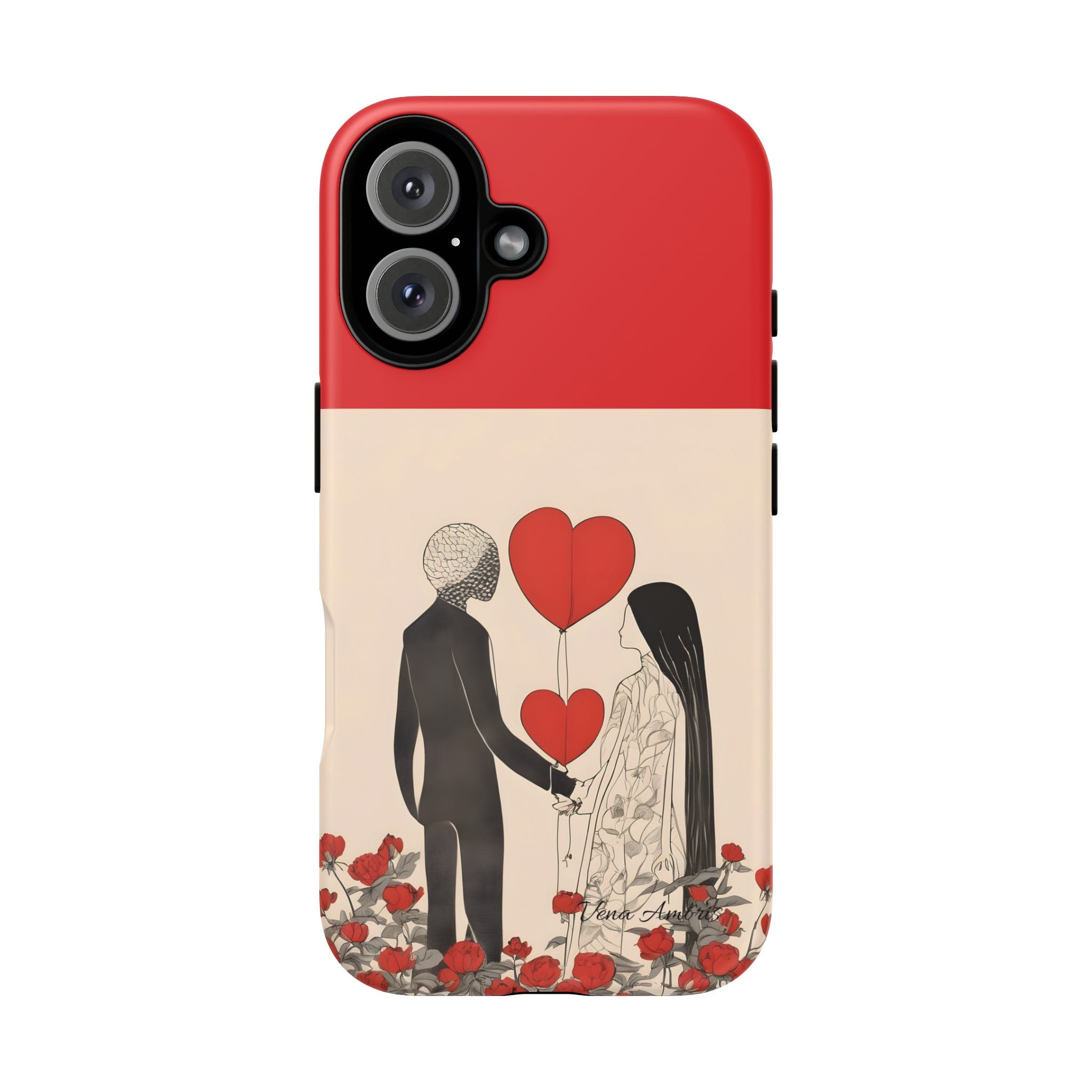 Vena Amoris romantic phone case with heart balloons and couple illustration