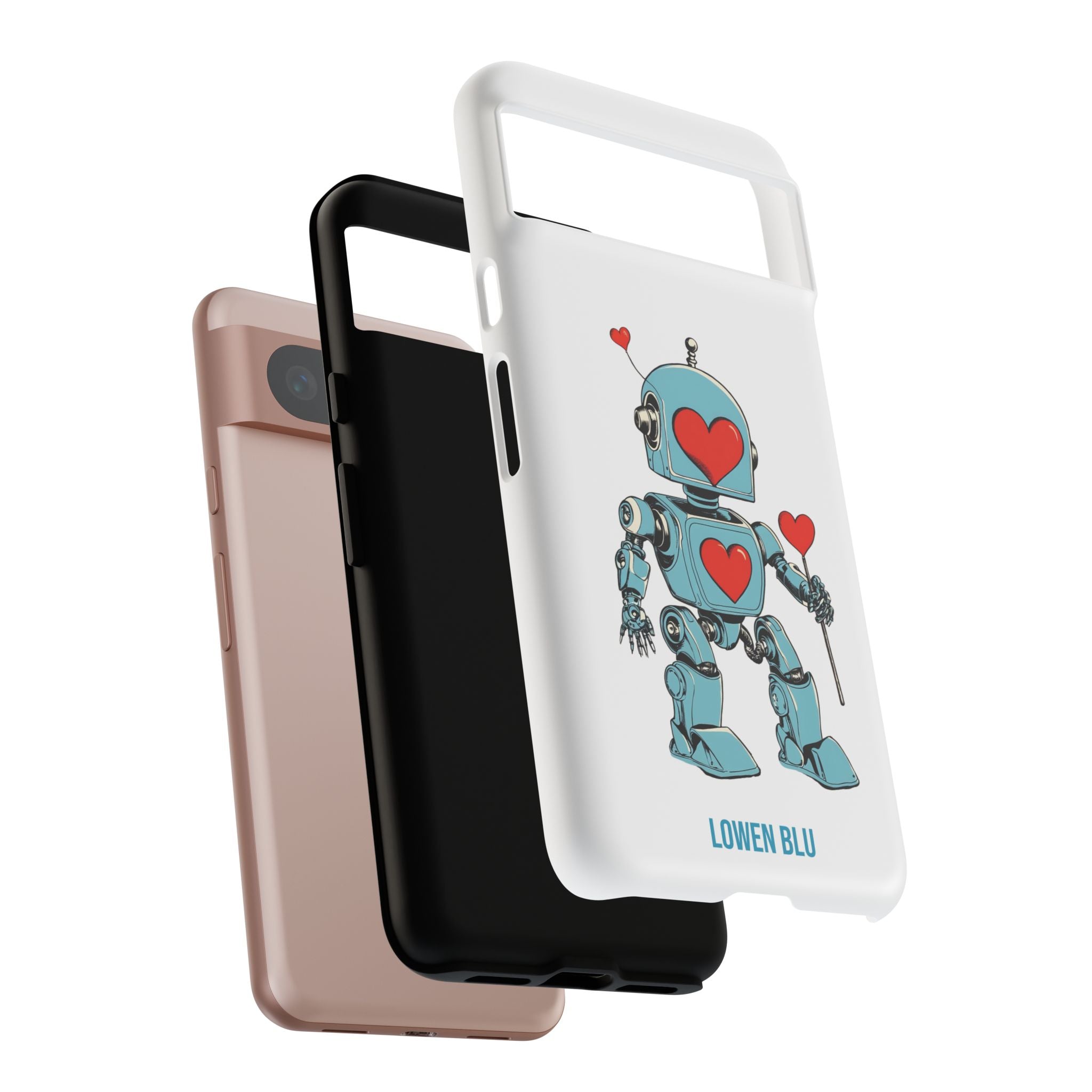Lowen Blu robot phone case with red hearts illustration on matte white background.