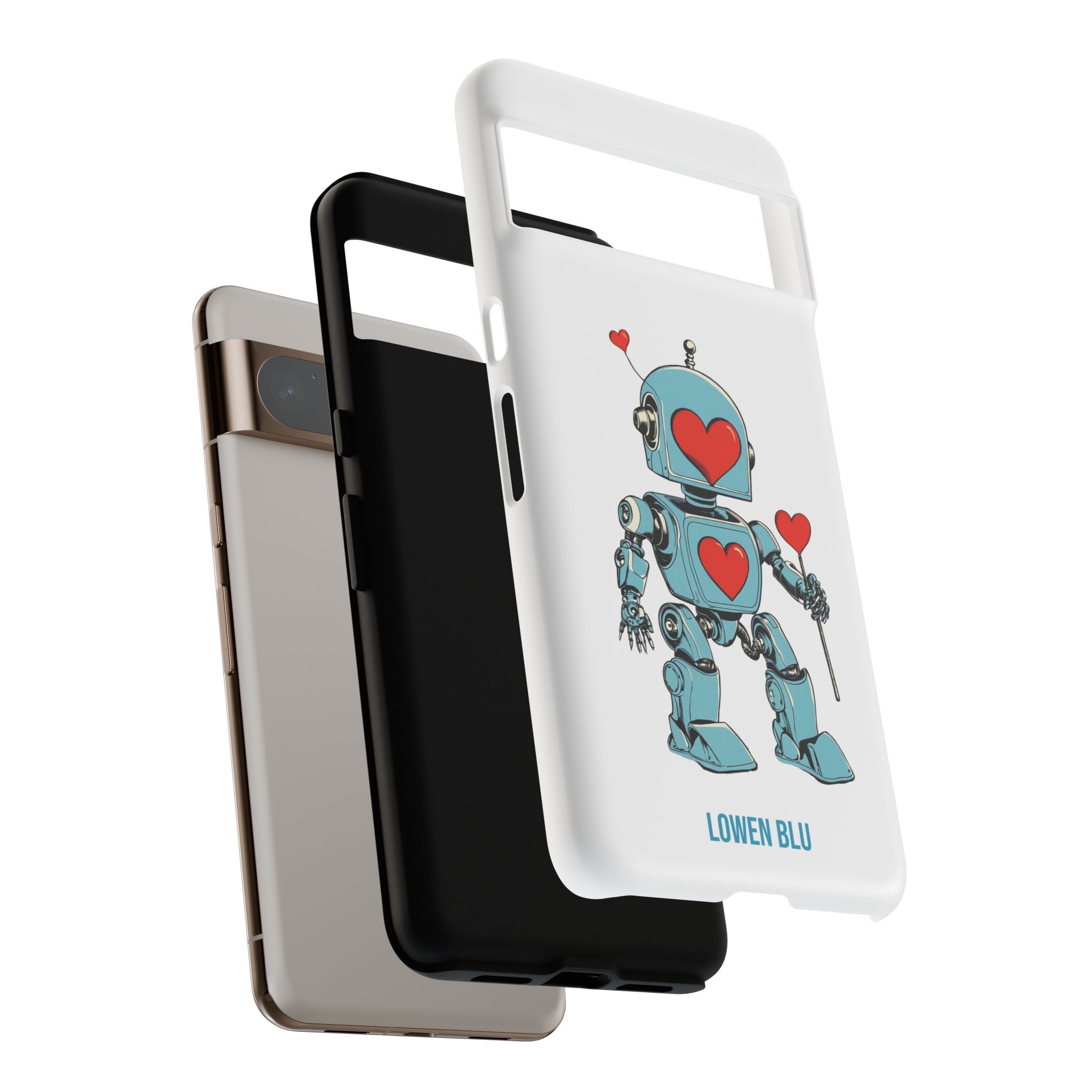 Lowen Blu robot phone case with red hearts illustration on matte white background.