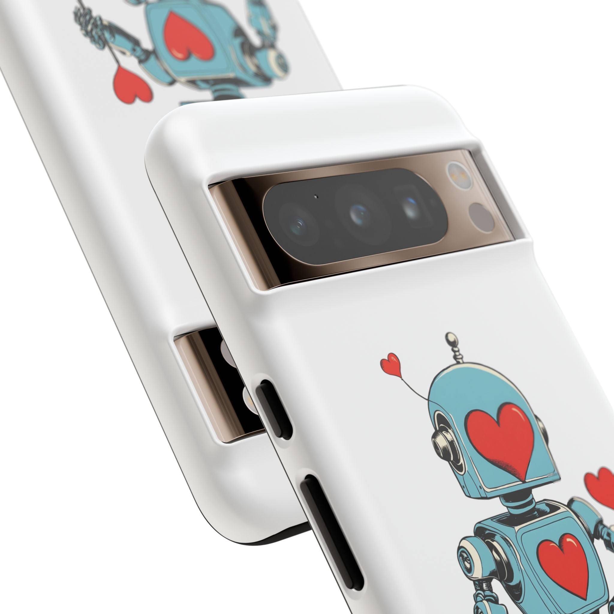 Lowen Blu robot phone case with red hearts illustration on matte white background.