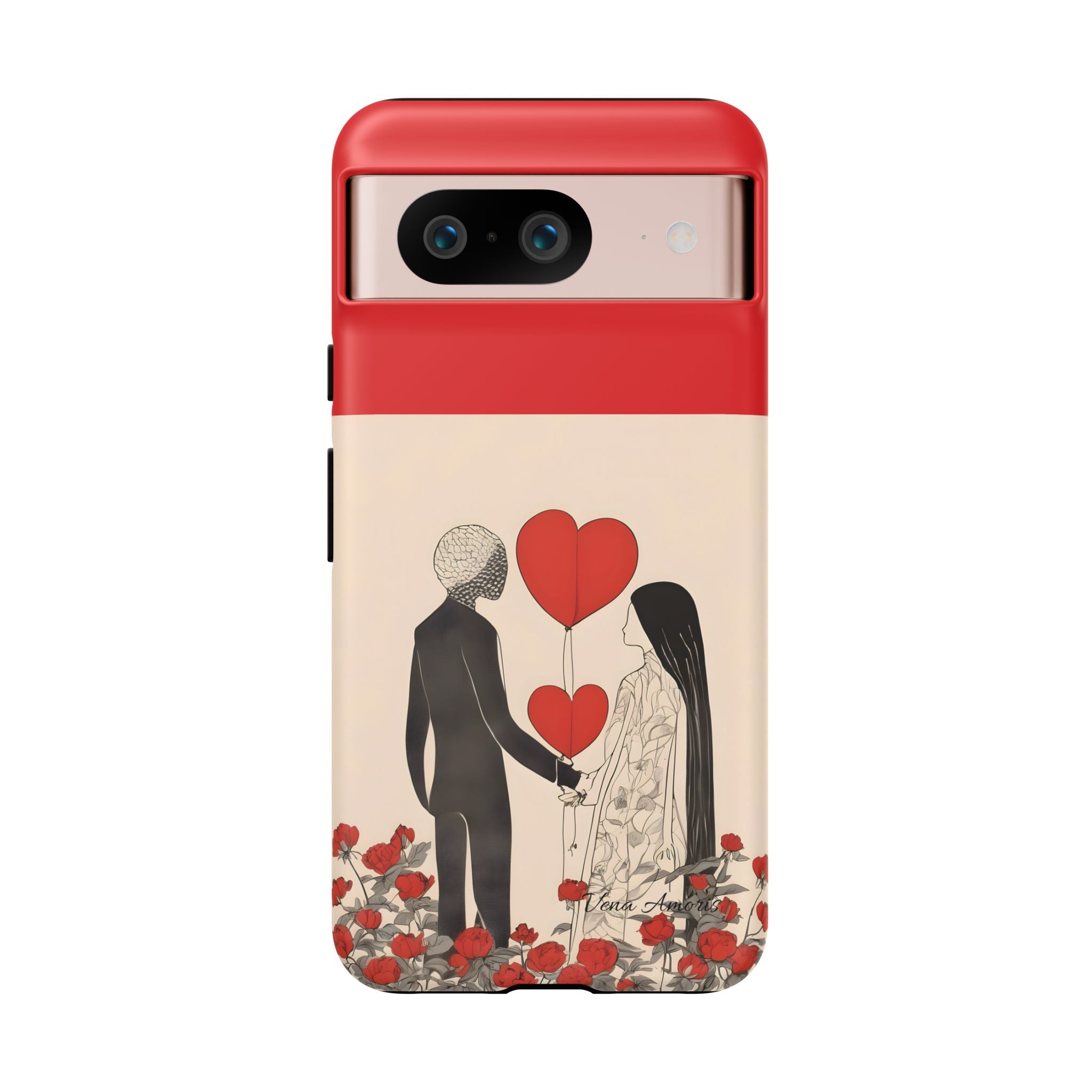 Vena Amoris romantic phone case with heart balloons and couple illustration