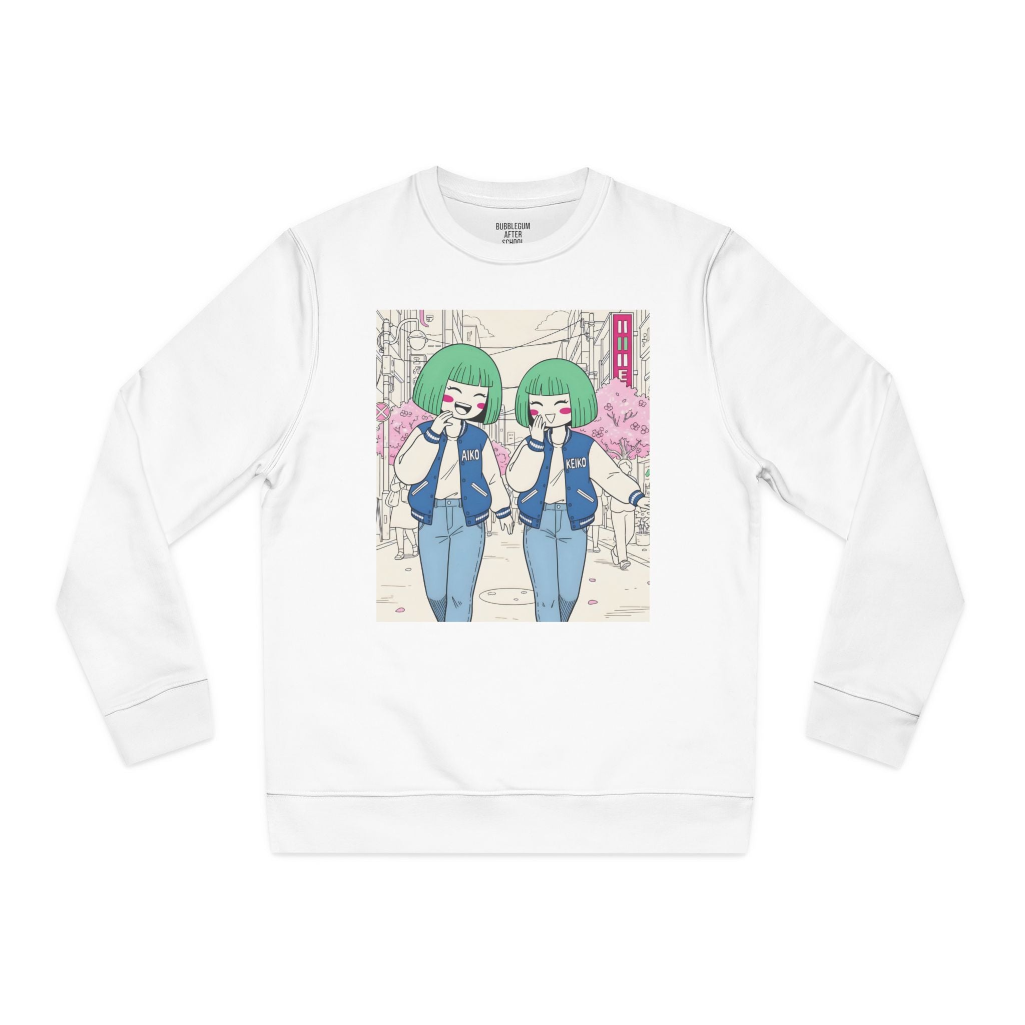 Aiko and Keiko City Stroll organic cotton sweatshirt with cherry blossom street illustration.