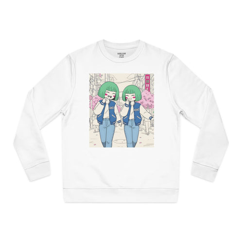 Aiko and Keiko City Stroll organic cotton sweatshirt with cherry blossom street illustration.