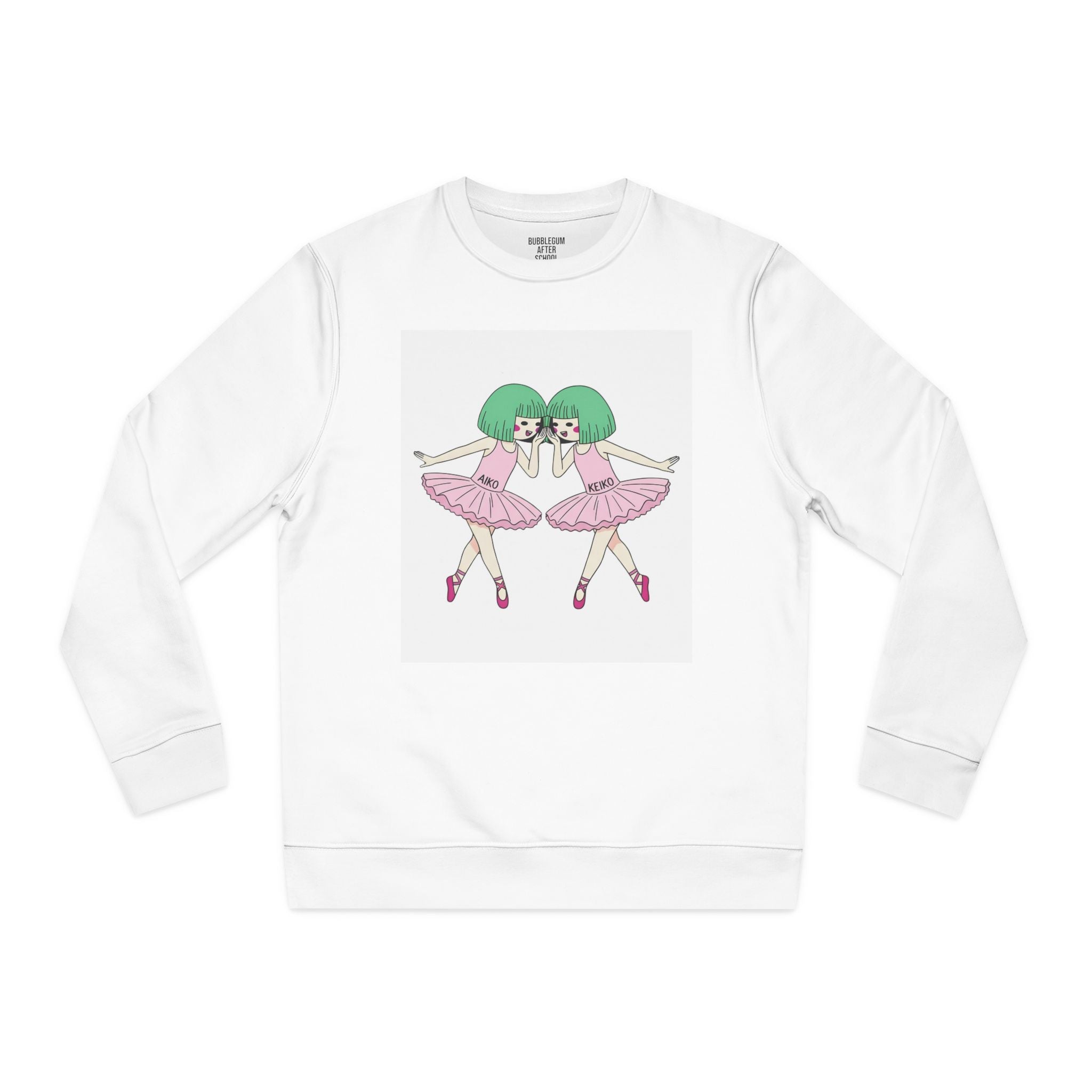 Aiko and Keiko ballet organic cotton sweatshirt with pink tutu character illustration.