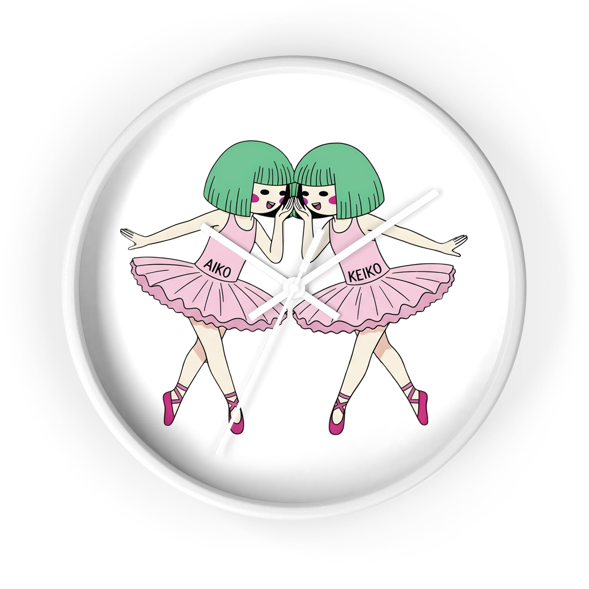 Aiko and Keiko dancing ballerina girls wall clock with pink tutus and green hair illustration.