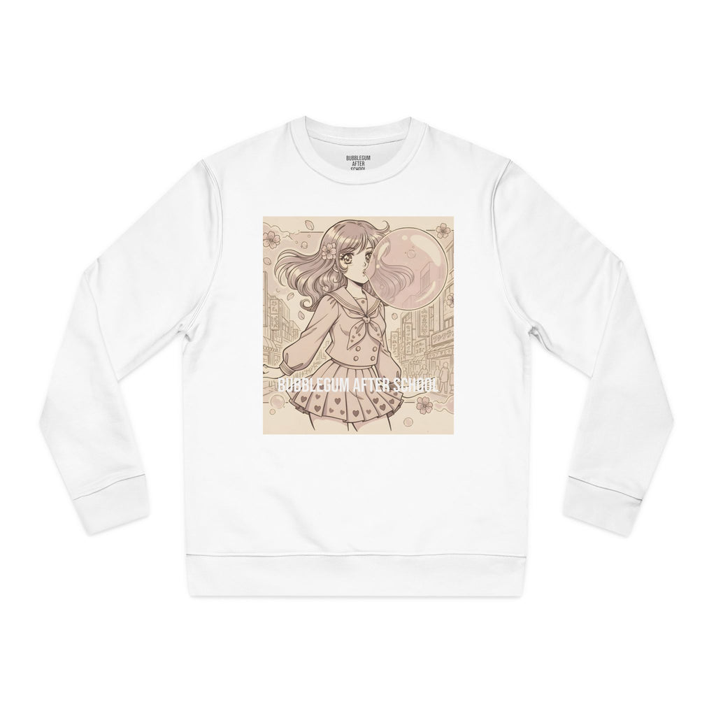 Bubblegum After School anime girl sweatshirt with bubblegum bubble and cherry blossom city illustration