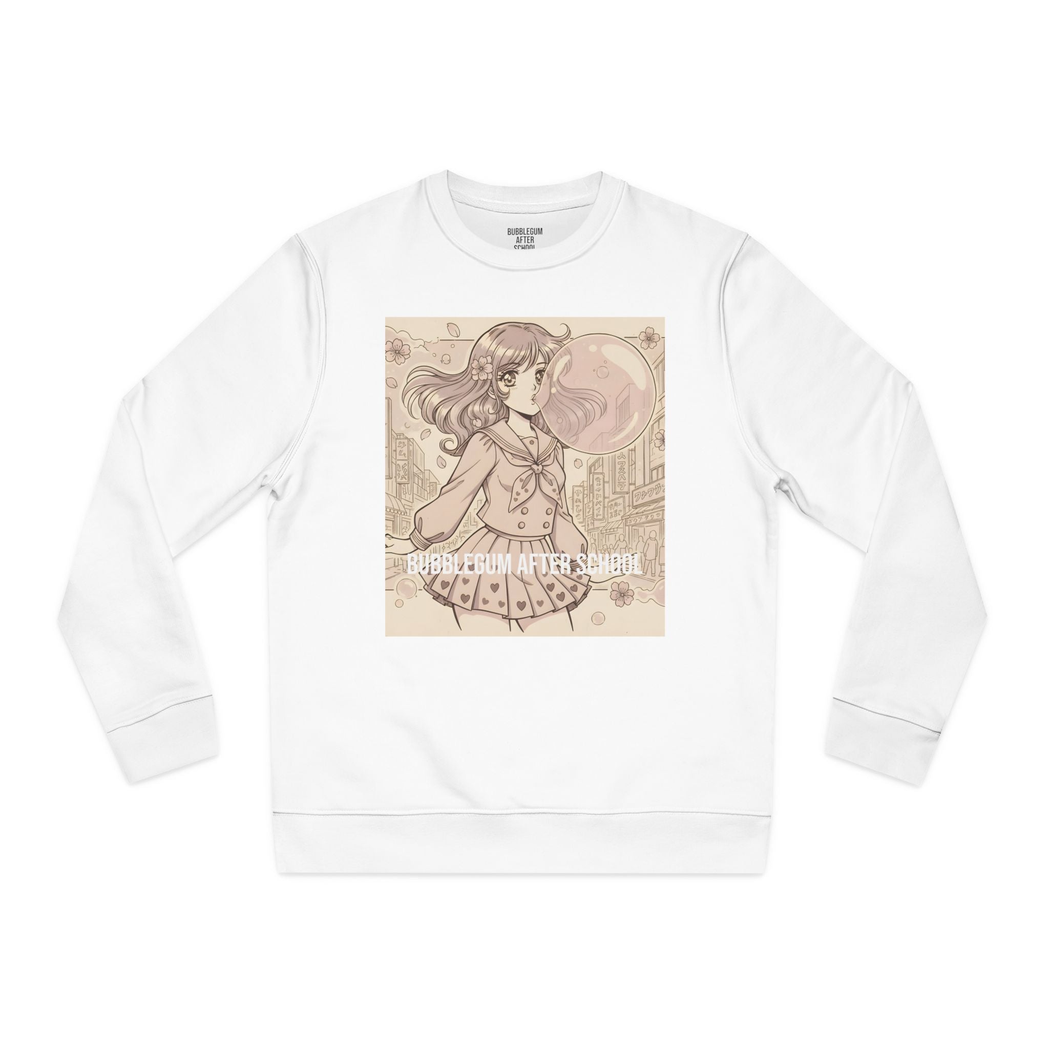 Bubblegum After School anime girl sweatshirt with bubblegum bubble and cherry blossom city illustration