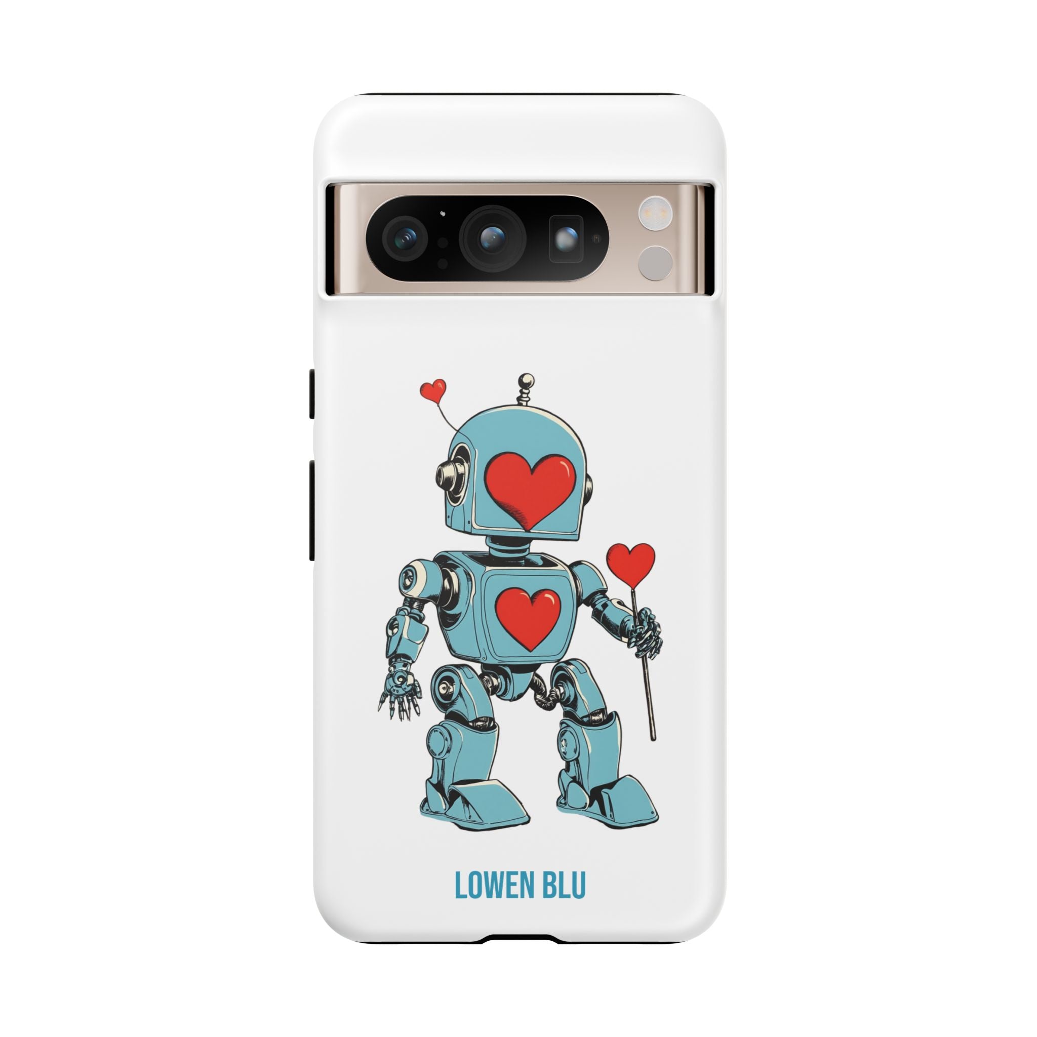 Lowen Blu robot matte phone case with red hearts illustration on matte white background.