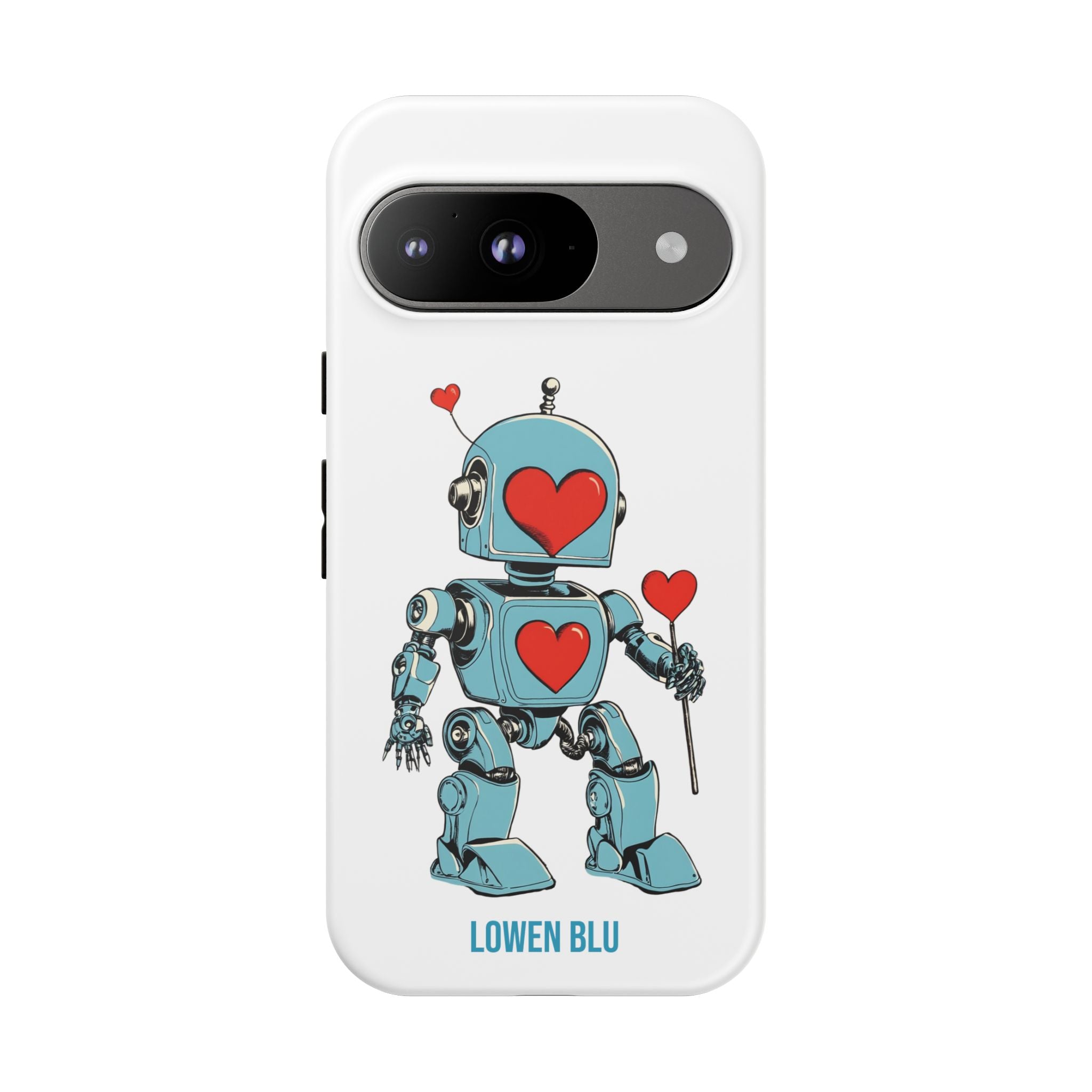 Lowen Blu robot phone case with red hearts illustration on matte white background.
