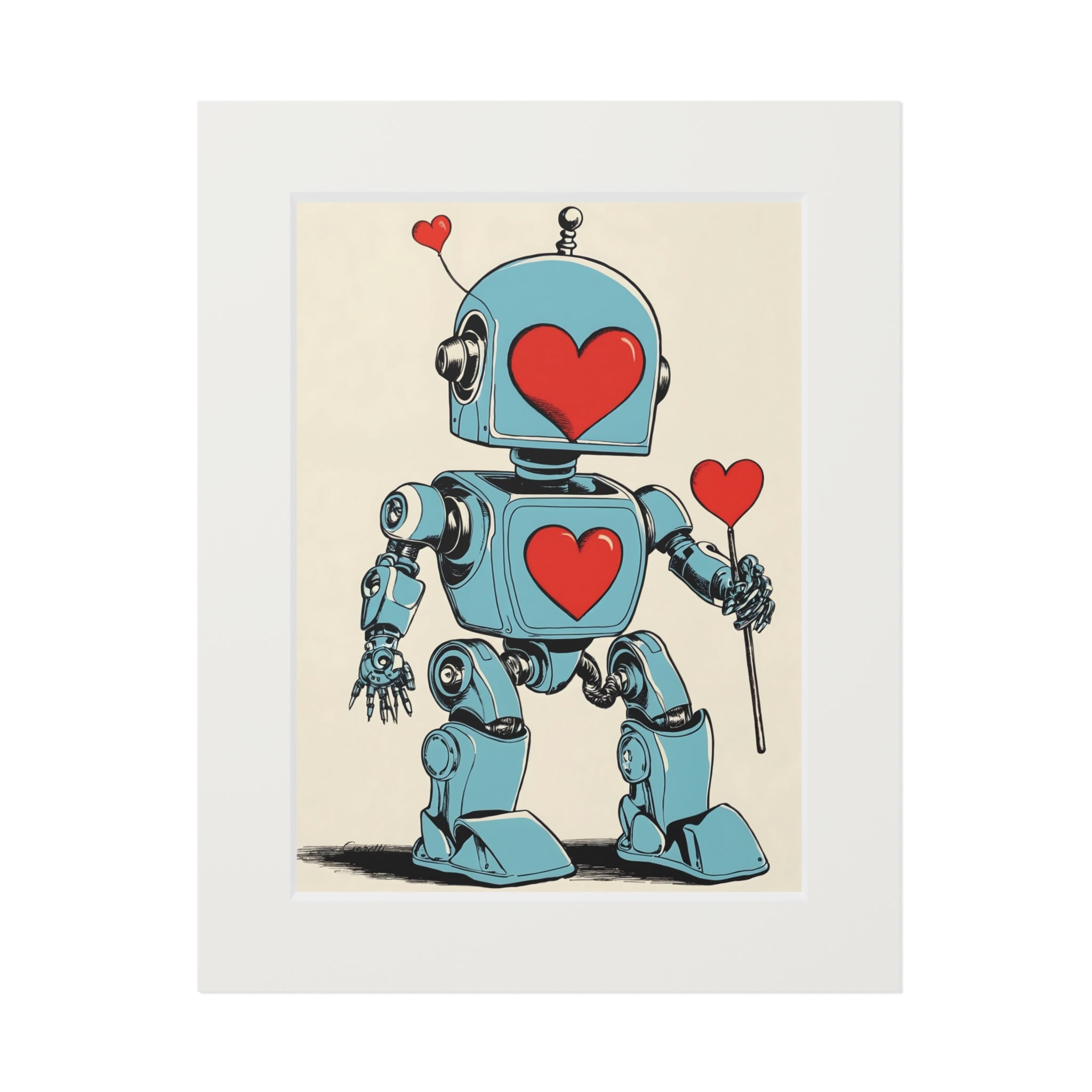 Lowen Blu robot character limited edition giclee art print with red hearts