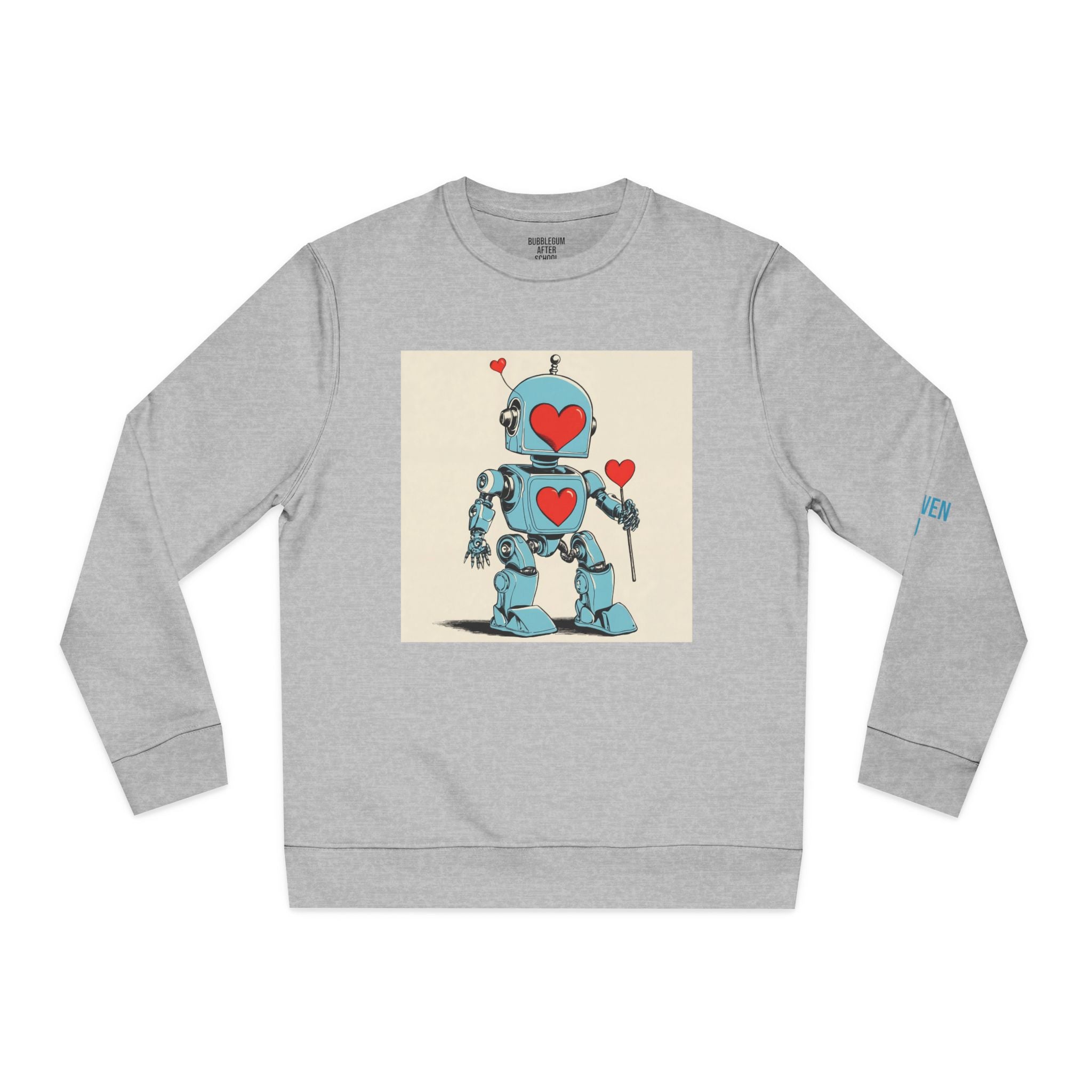 retro robot illustration sweatshirt with blue robot and red hearts