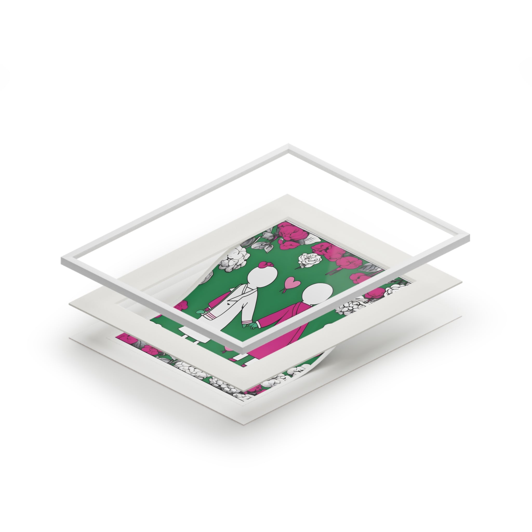 POP II Love in Saturation contemporary romantic art print with faceless couple and floral motifs in pink and green