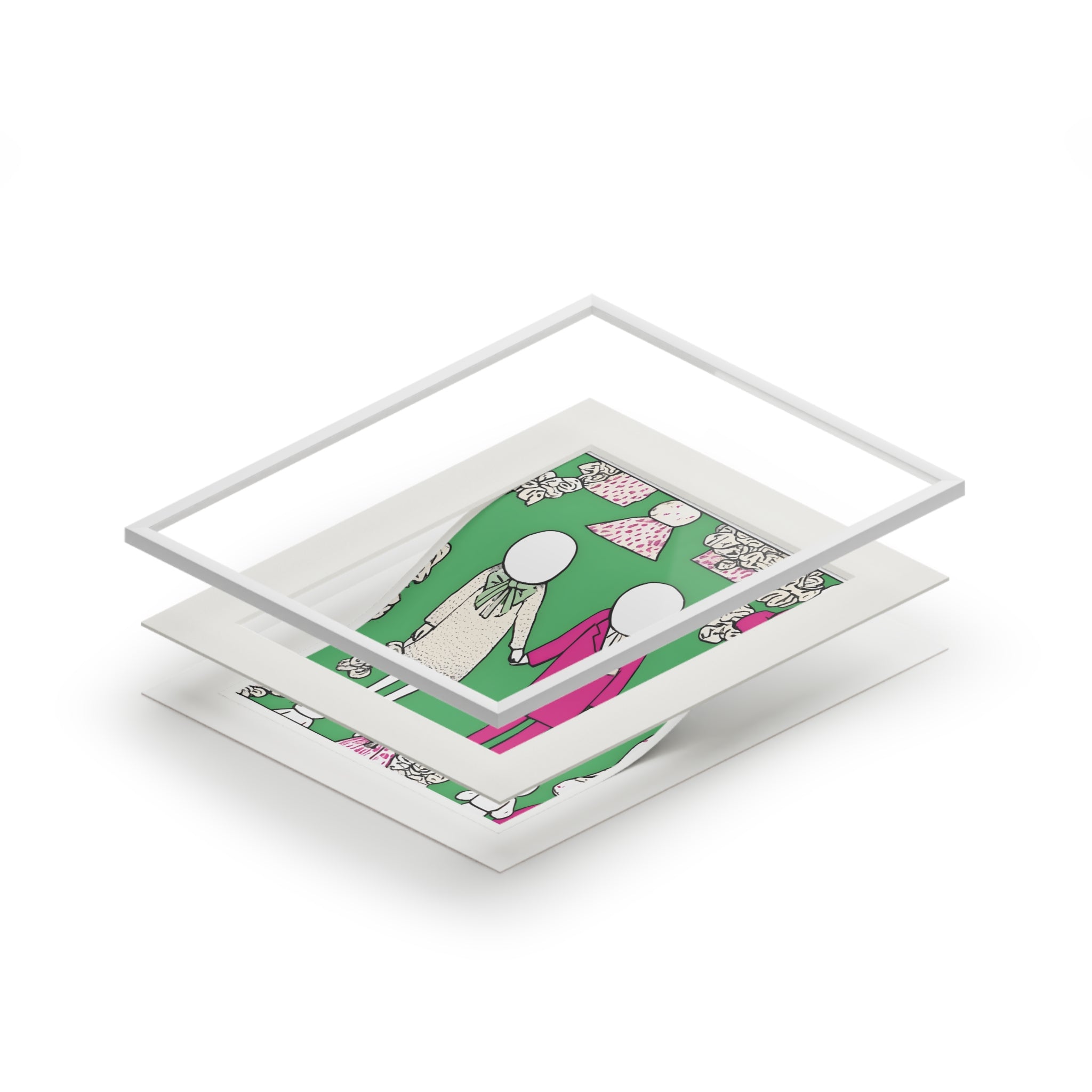 POP I Love in Saturation contemporary romantic art print with faceless couple and floral motifs in pink and green