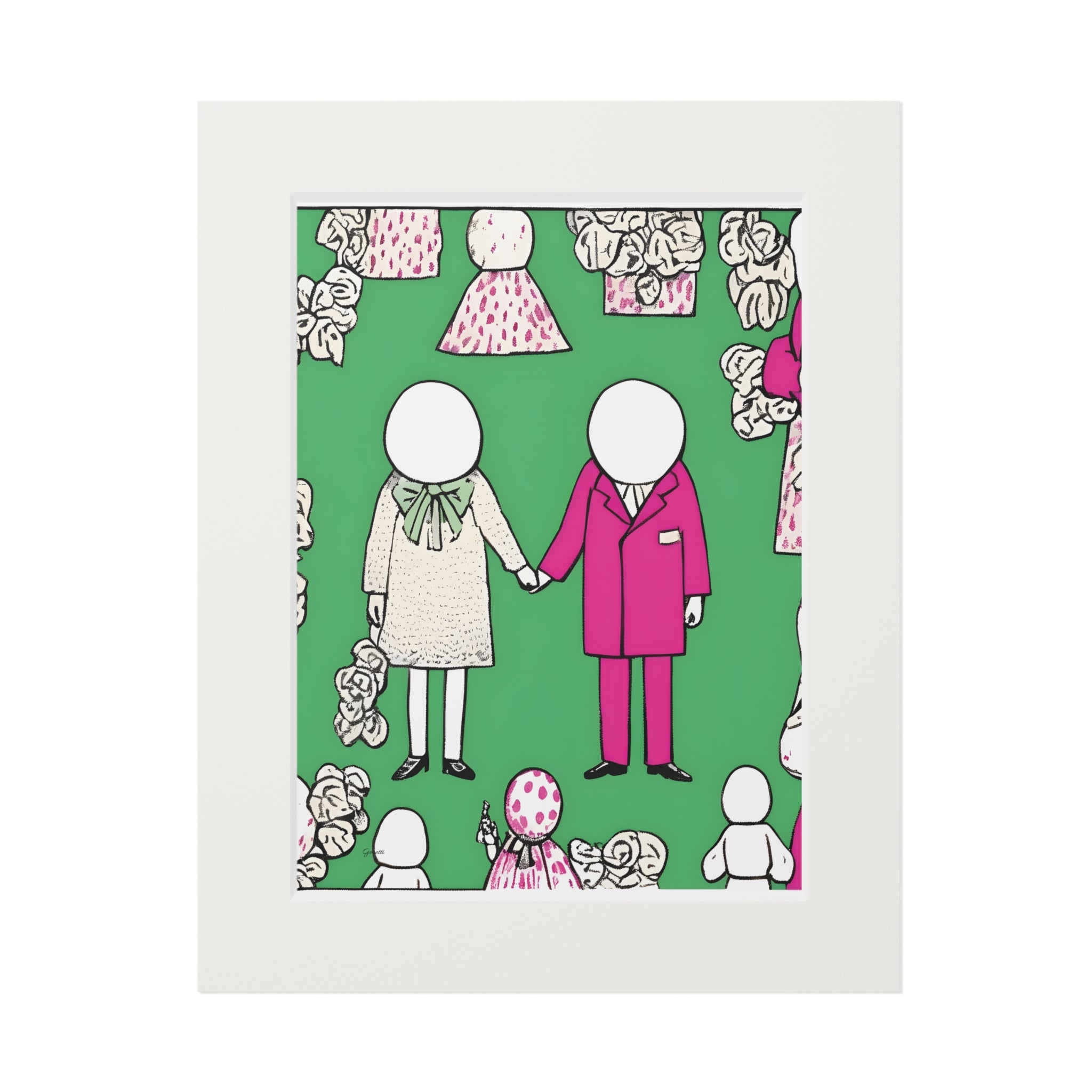 POP I Love in Saturation contemporary romantic art giclée print with faceless couple and floral motifs in pink and green