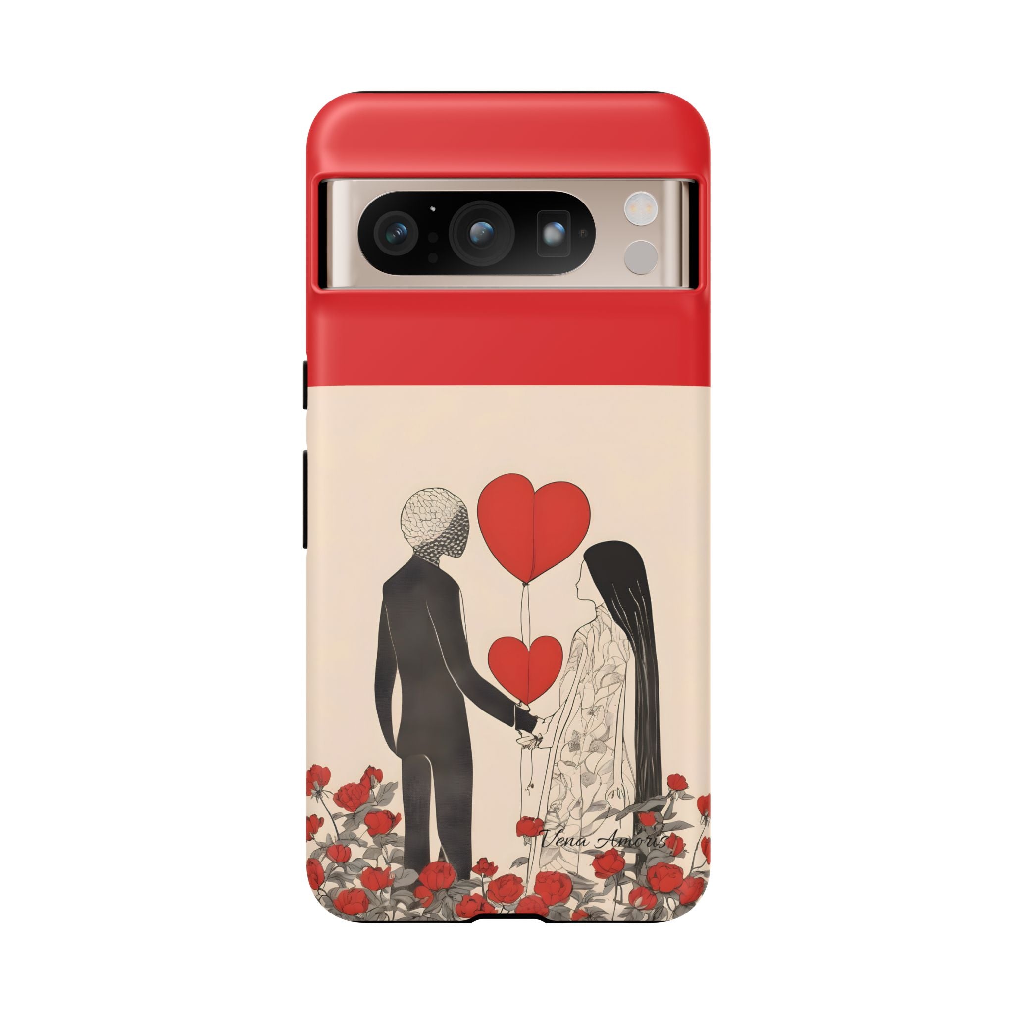 romantic illustration phone case with red hearts and peonies artwork