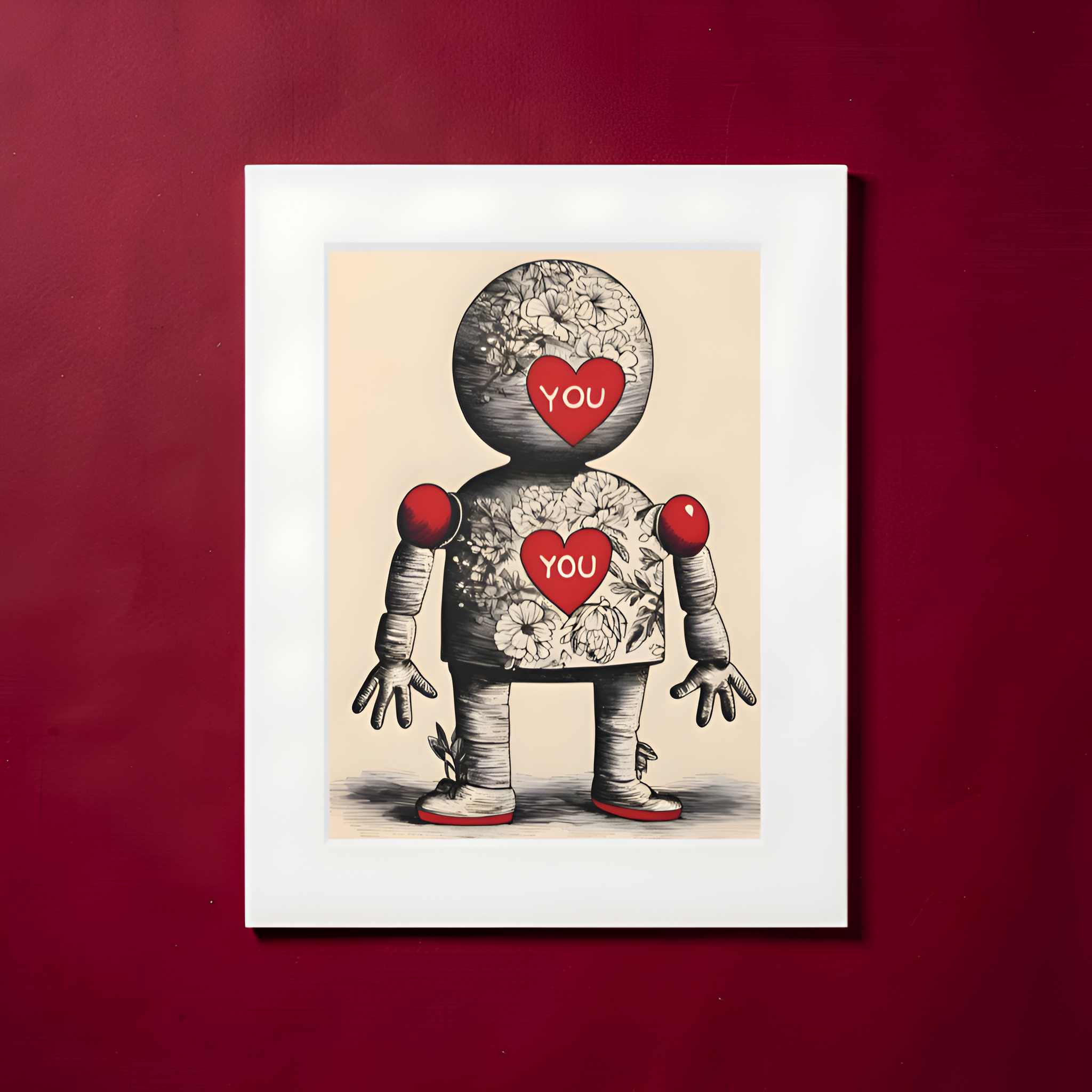 YOU YOU DOLL limited edition giclée art print with floral doll figure and red heart motifs — Bubblegum After School